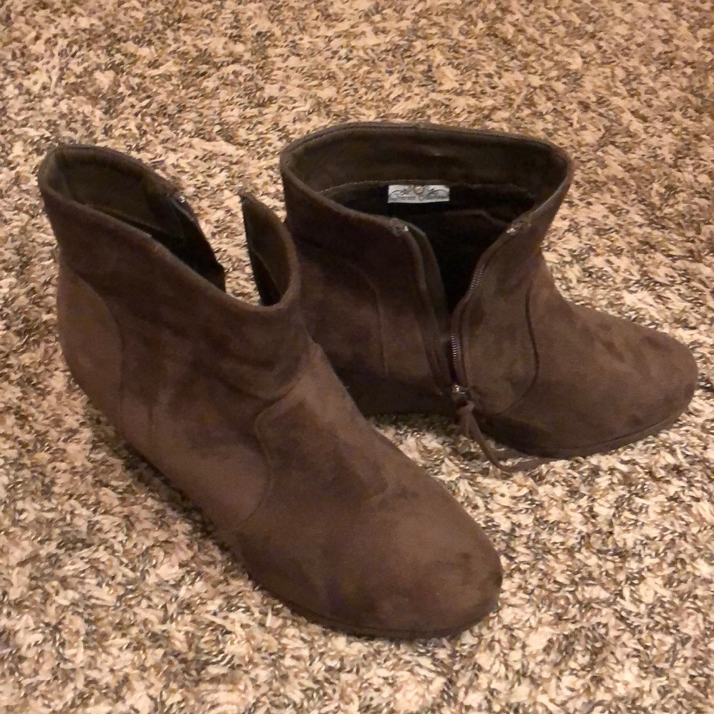 Brown wedge booties